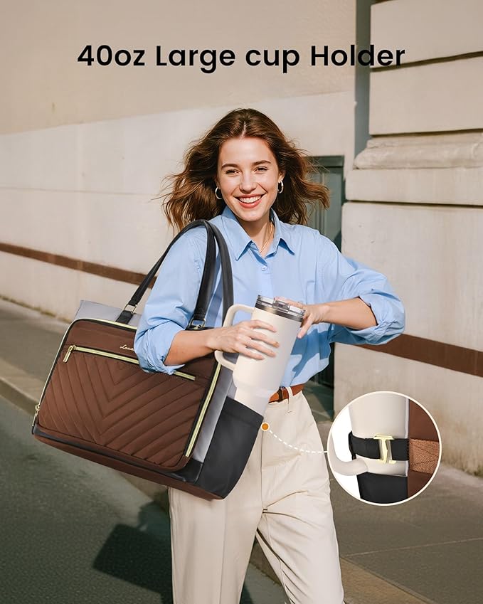 LOVEVOOK 17 Inch Laptop Tote Bag for Women, Work Bag for Nurse with Large Cup Holder, Nurse Diaper Bag for Travel, Computer Women's handbags for Teacher gift, Brown-gray-black