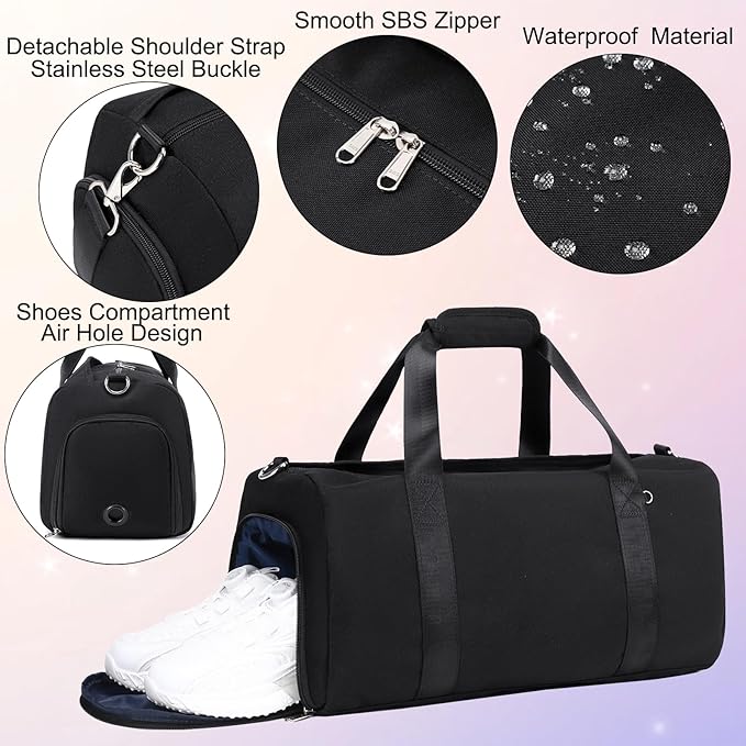 Dance Bag for Girls Duffle Bag Girls Overnight Bags Ballet Sleepover Gym Gymnastics Bags with Shoe Compartment and Wet Pocket,Black