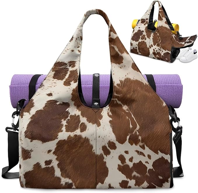 Brown Cow Print Lightweight Gym Bag for Women with Shoe Compartment Sports Carry On Weekender Duffel Bag for Sports, Overnight, Swim, Travel Duffel Bags