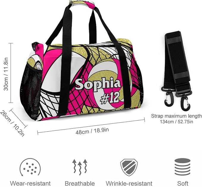 Custom Volleyball Rose Red Gold Duffel Bag with Name Personalized Travel Bags Sport Gym Bag Carry On Weekender Bags for Men Women