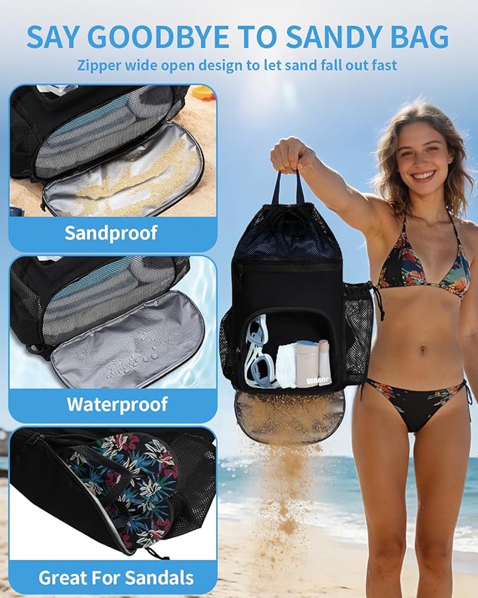 WANDF Swim Bag with Wet Pockets, Sandproof Beach Backpack with 40oz Tumbler Side Pockets, Mesh Drawstring Backpack Swim Bag for Swimming, Pool, Gym and Workout Gear (Black)