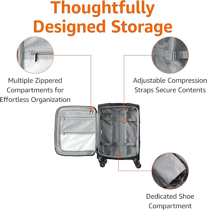 Amazon Basics 17" Carry-On Softside Luggage Suitcase with TSA Lock, 8 Spinner Wheels, Front Exterior Pocket, 3 Interior Pockets, Sturdy Telescoping Handle, Black