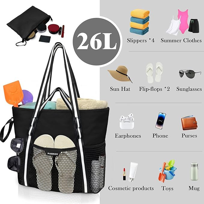 Large Beach Bag with Zipper-8 Pockets Sandproof Beach Tote Bag for Women,Foldable Lightweight Family Swim Bag Vacation
