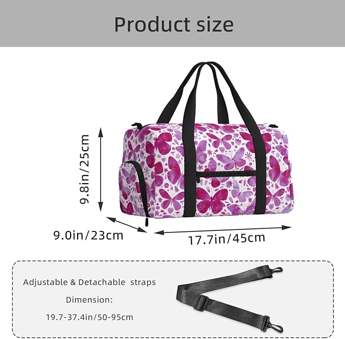 Butterfly Watercolor Magenta Pink Women'S Gym Duffle Bag With Shoes Compartment, Ideal For Travel, Gym, Sports, Duffel, Weekender