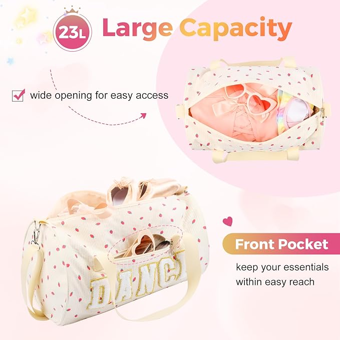Dance Bag for Girls, KUIRAN 23L Waterproof Travel Duffel Bag with Colorful Chenille Letter, Lightweight Small Gym Sport Ballet Weekender Bag with Large Main Compartment - White/Gold