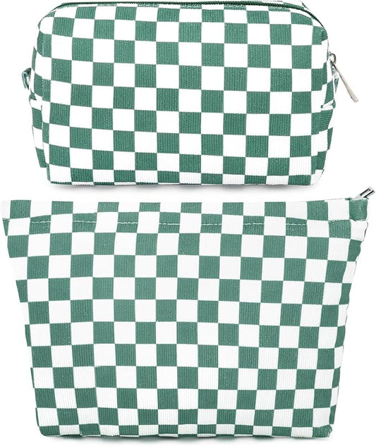 SOIDRAM 2 Pcs Checkered Makeup Bag Large Cosmetic Bag Toiletry Bag Makeup Pouch Travel Bag Organizer Cute Makeup Brushes Aesthetic Accessories Storage Bag for Women Olive Green