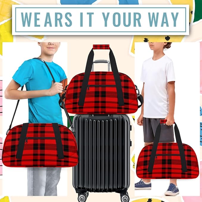 Gym Bag for Women Men, Red And Black Checkered Patterns Travel Duffle Bags for Dance Ballet Overnight, Carry-On Weekender Bag with Detachable Shoulder Strap