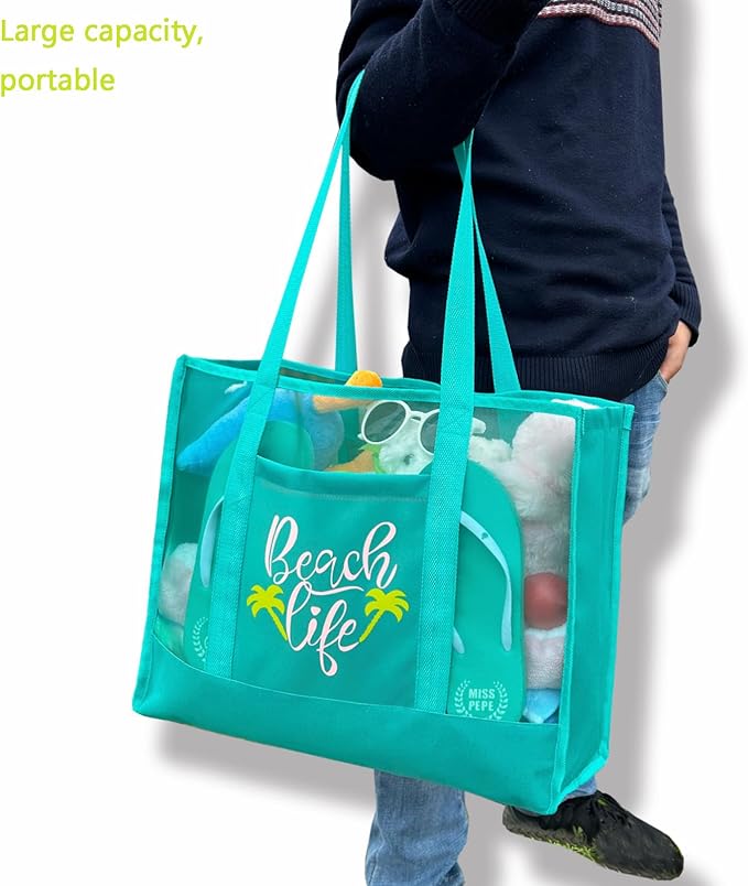 Reusable Large Beach Bags With 2 Pockets & Zipper, Lightweight Beach Tote for Poolside, Trip/swim