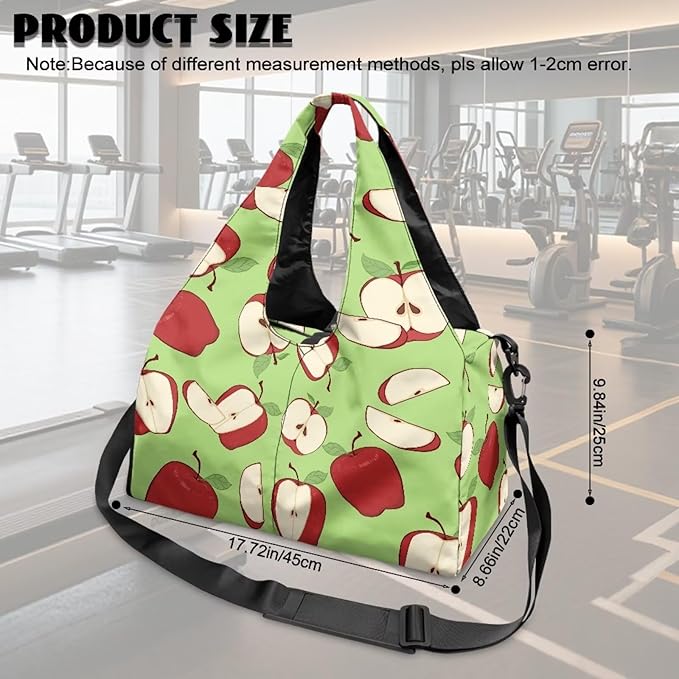 Apple Print Gym Bag that Holds Yoga Mat for Women Portable Green Duffel Bag with Pockets, Workout Bag with Shoe Compartment, Fitness Workout Sports Bag