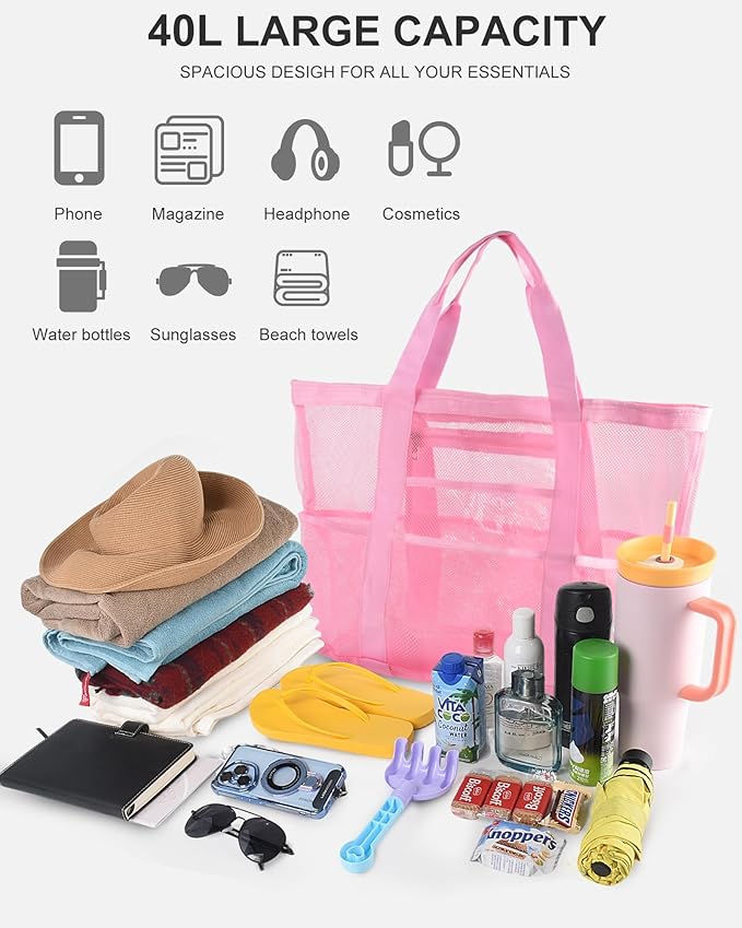Genteen 40L Mesh Beach Bag, Foldable Sandproof Tote with Waterproof Pocket Quick Dry for Women Family Pool Vacation（White