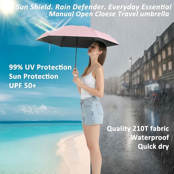 BAODINI Travel Essentials Mini Umbrella for Purse With Case Small Compact UV Sun Protection Lightweight Tiny Pocket Manual Open Close Umbrella for Women Kids and Men Fits Purse Backpack