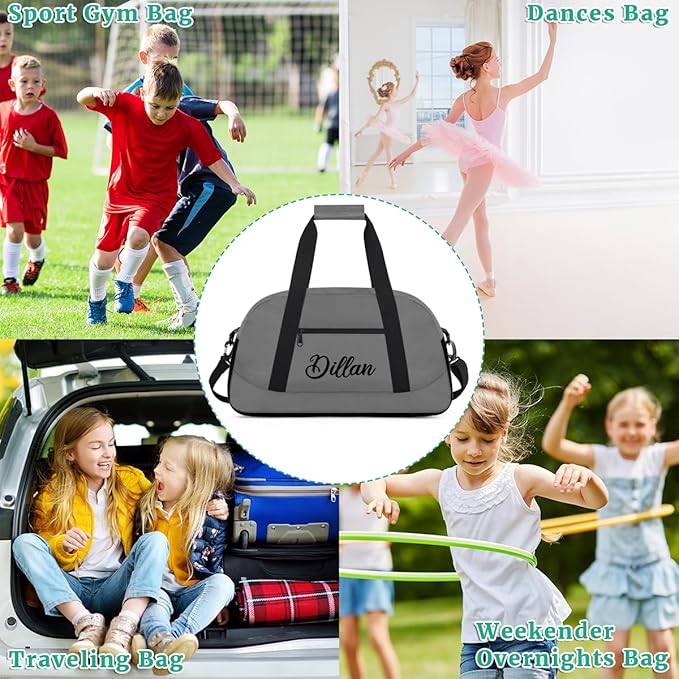 Custom Name Gym Duffel for Kids,Personalized Sports Bag Lightweight Gym Bags for Boys & Girls,Fitness Travel Weekender for Travel, and Workout Gray