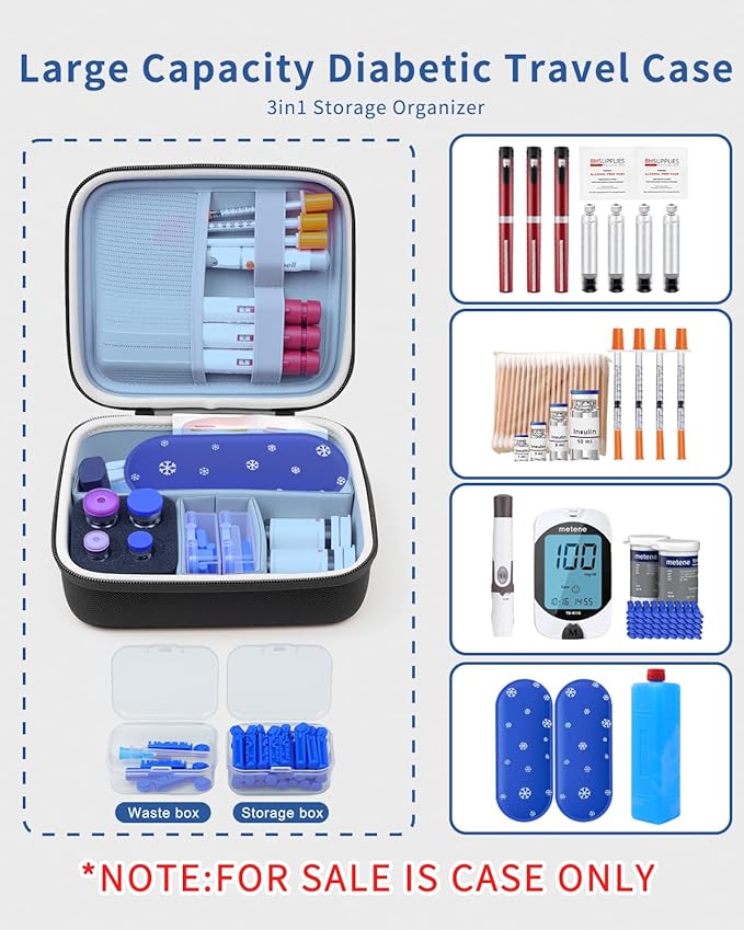 Krypthos Diabetic Supplies Travel Case, Portable Diabetes Organizer for Glucose Meter, Blood Sugar Test Strips Kit, Insulin Pens, Vials, Syringes, Lancing Device and More with Adjustable Dividers
