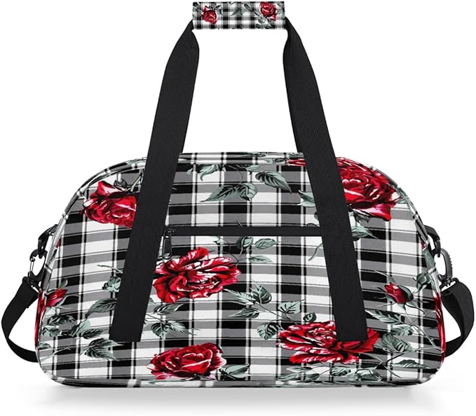 Travel Duffle Bag, Red Rose Black White Plaid Waterproof Weekender Overnight Bags for Women Men Lightweight Carry on Duffle Gym Bag for Travel, Sports, Fitness, Workout