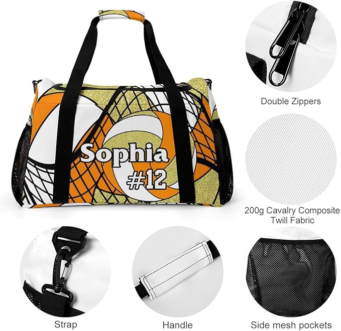 Custom Volleyball Orange Gold Duffel Bag with Name Personalized Travel Bags Sport Gym Bag Carry On Weekender Bags for Men Women