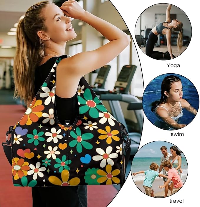 Hippie Flower Gym Bag with Shoe Compartment and Yoga Mat Holder, Waterproof Floral Duffel Bag with Pockets Black Workout Bag for Men Fitness Workout Sports Bag