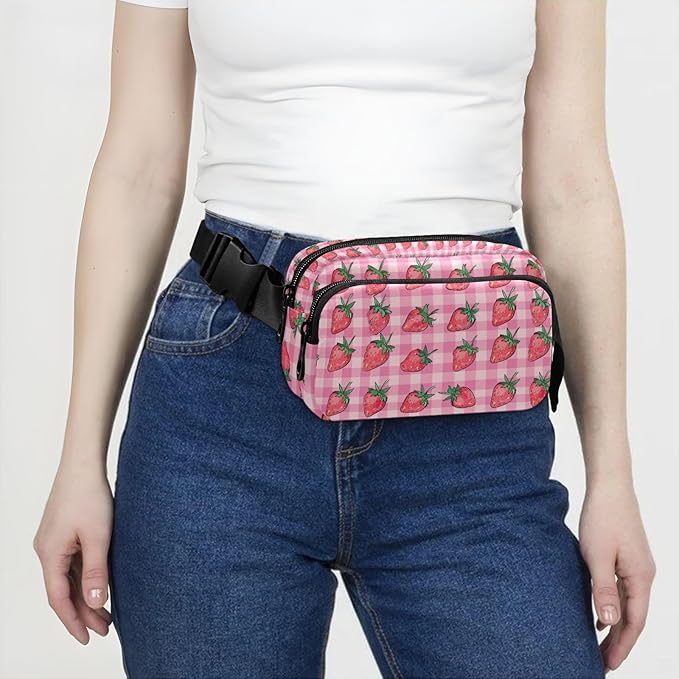 Pink Strawberry Checkered Plaid Fanny Pack for Women Men Water Resistant Fashion Waist Packs with Adjustable Strap Belt Bag for Travel Workout Jogging Hiking 21219340