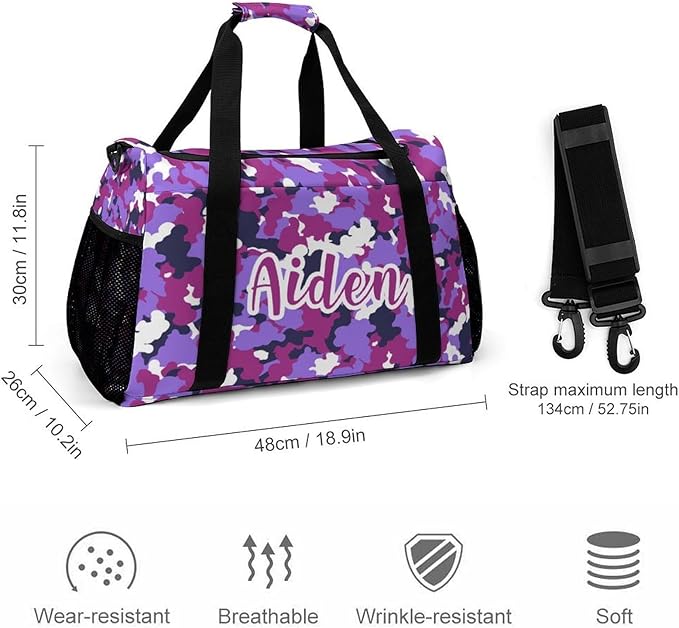 Handheld Crossbody Multifunctional Travel Bags, Personalized Duffle Bags, Camouflage Purple Fuchsia Camo Pattern Luggage Bag, Custom Weekender Overnight Bags