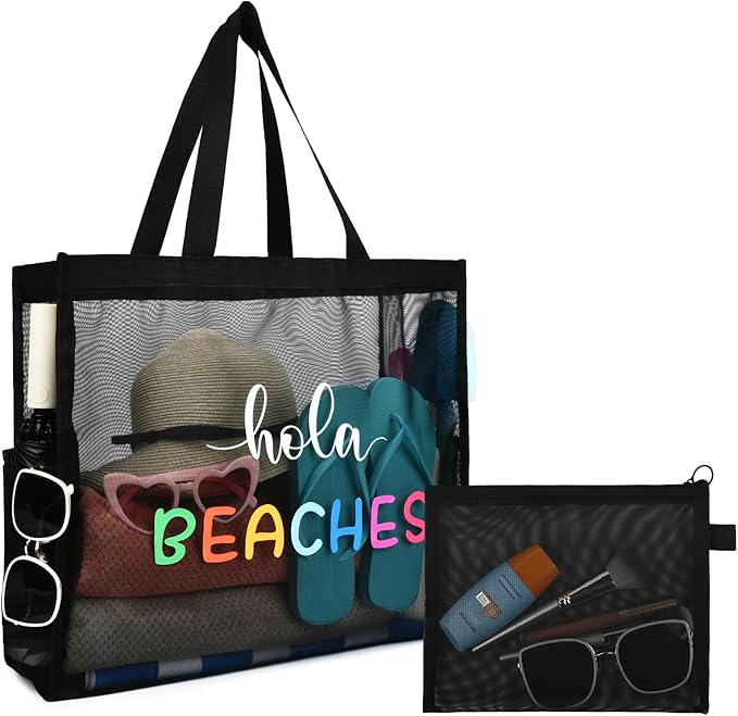 30L Large Beach Bag with Pouch Foldable Sandproof Lightweight Mesh Tote Bag with Two Pockets for Swimming Travel