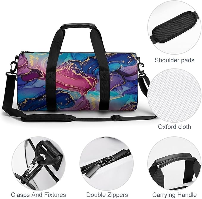 Durable Travel Gym Sports Bag Purple Blue Pink Marble Art Workout Lightweight Foldable Overnight Bag Training Workout Bags
