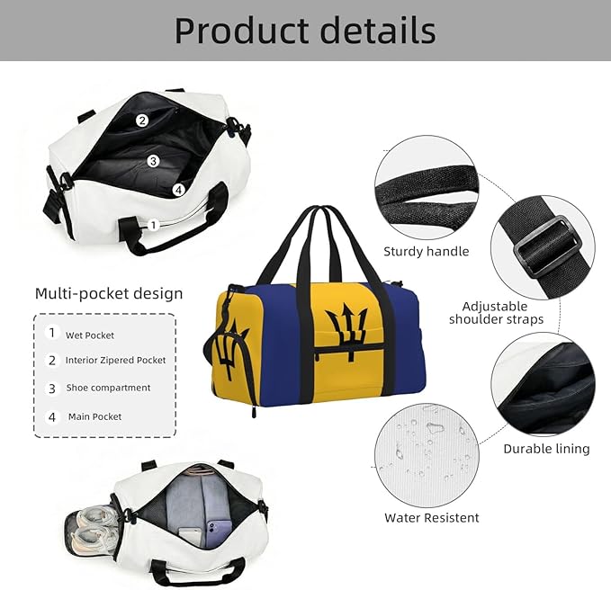 Flag of Barbados Print Gym Bag with Shoe Compartment for Women Men, 17.7in Sports Duffle Weekender Tote, Overnight Travel Duffel Bag Carry On