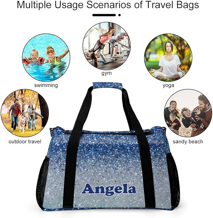 Blue Sparkly Print Custom Sports Bag Names for Adult Personalized Name Duffle Gym Bag Travel Weekender Lightweight Bags