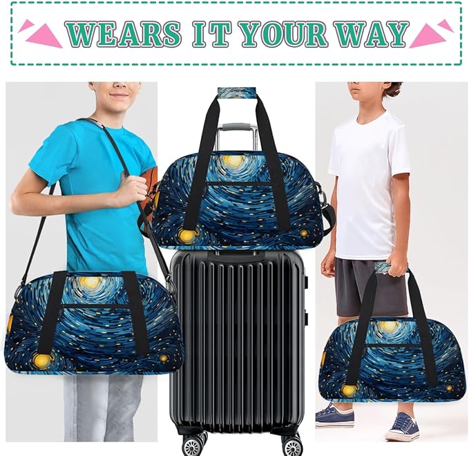 Starry Night Gym Travel Duffle Bag for Women & Men with Front Zipper Pocket for Sports, Overnight, Weekender, Carry On,Workout & Dance Bag,Stars Sky,18.9 * 8.7 * 10.6 in