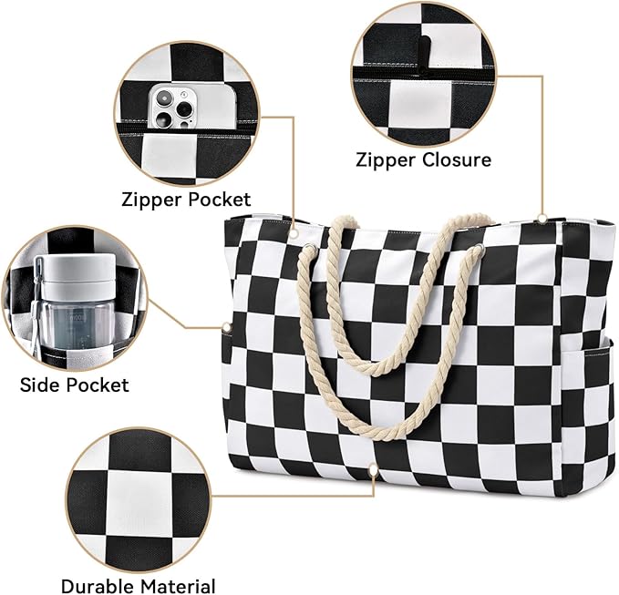Becokan Beach Bags for Women Checkered Large Beach Tote Bag Zipper Beach Bags Waterproof Sandproof Canvas Swim Pool Bag