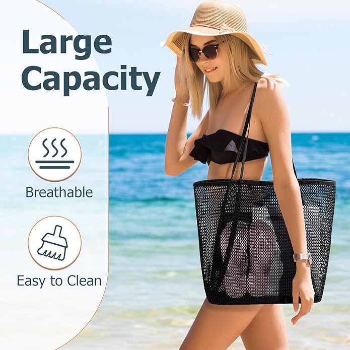 Iioscre Beach Bag for Women, Causal Hobo Pool Bags with Zipper Inner Pocket, Foldable Swim Tote Bag for Vacation Essentials