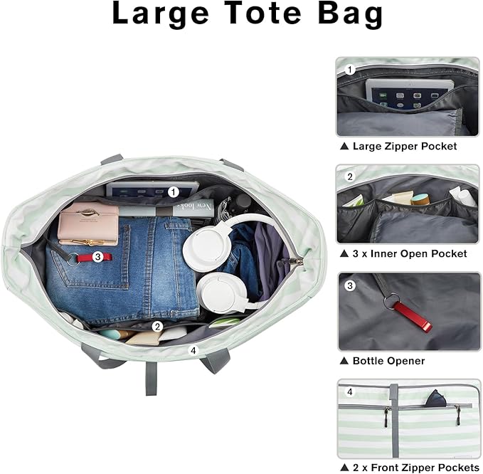 G4Free Large Beach Bag, Foldable Tote with Zipper, Waterproof Sandproof Pool Bag