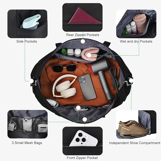 Carry on luaggage 22x14x9 Airlines Approved, Foldable Travel Duffel Bags Weekender Overnight Carry on Duffel Luggage Gym Duffle Bag with Wet Pocket & Shoe Compartment for Women Men(Black, 40L)