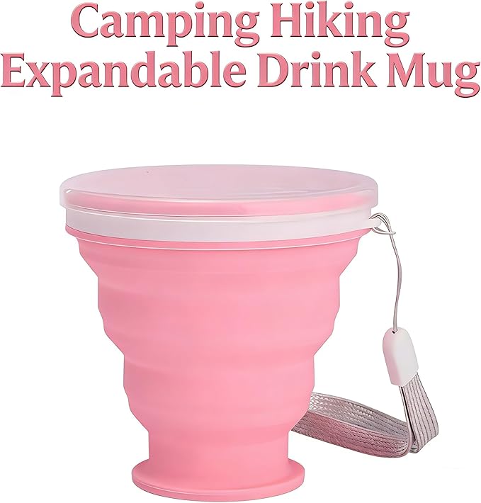 Silicone Folding Travel Cup with Lid - Expandable Reusable Drinking Mug for Camping, Hiking & Outdoor