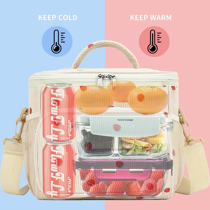 FlowFly Insulated Reusable Lunch Bag Adult Large Lunch Box for Women and Men with Adjustable Shoulder Strap,Front Zipper Pocket and Dual Large Mesh Side Pockets, Corduroy Strawberries Beige
