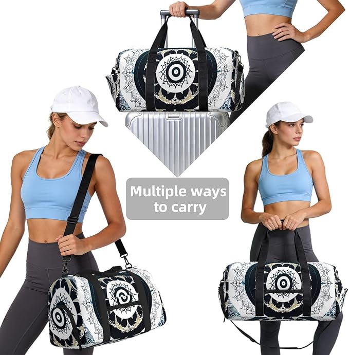 Black White Round Totem Print Gym Bag with Shoe Compartment for Women Men, 17.7in Sports Duffle Weekender Tote, Overnight Travel Duffel Bag Carry On