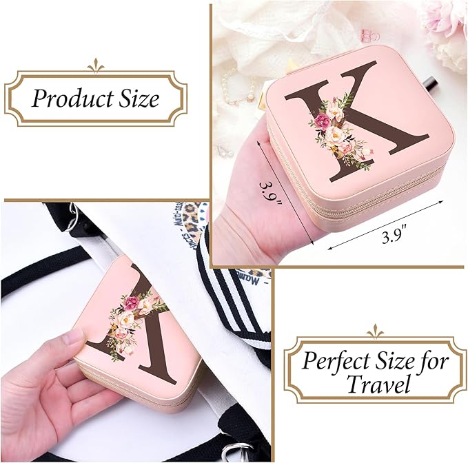 Christmas Gifts for Mom from Daughter Son, Personalized Birthday Giftware for Women, Mother Day Mom Gifts Small Travel Jewelry Box Travel Jewelry Organizer with Mirror, Initial K