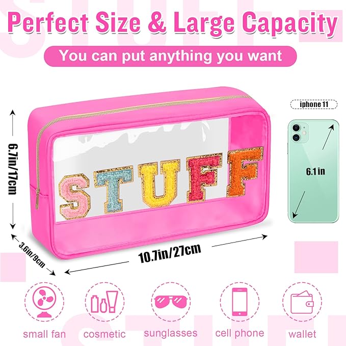 Chenille Letter Clear Makeup Bags Stuff Pouch, Preppy Patch Makeup Bag with Zipper, Transparent PVC & Nylon Waterproof Portable Glitter Cosmetic Bag Travel Toiletry Storage for Women Girl(STUFF-Rose)