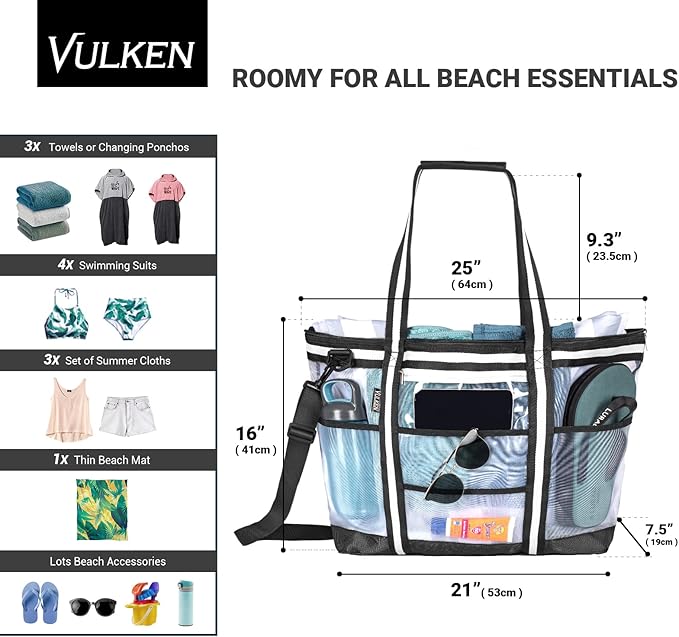 Vulken 42L Extra Large Mesh Beach Bag. 9 Pockets Top Zip Tote Bag Shoulder Bag