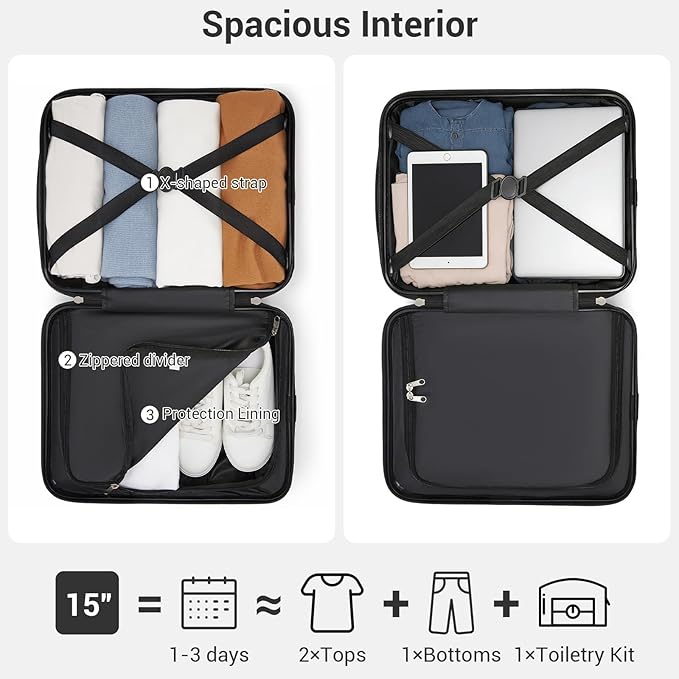 Kono 15'' Underseat Carry On Luggage Airline Approved, Anti-Scratch PC+ABS Hardshell Carry on Suitcase with Smooth Spinner Wheel, Lightweight Overnight Carry on for Short Travel, Black