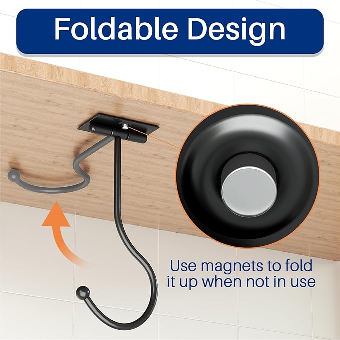 Under Cabinet Banana Hook Foldable - Adhesive Banana Holder, Foldable with Magnets When Not in Use, Under Counter Banana Hook, Stainless, Hold 13 LB, Black