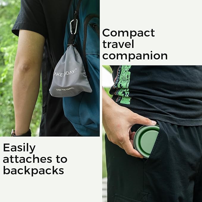 TakeToday Collapsible Travel Cup 8 oz - Silicone Foldable Water Cup, BPA-Free with Lid & Waterproof Bag - Drinking Cup Set for Office, Camping & International Travel（Green）