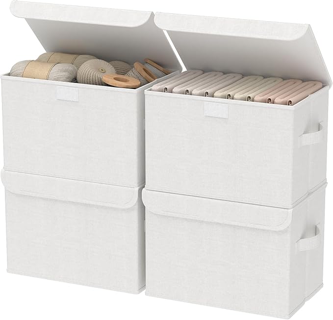 Fabric Storage Bin with Lid, Closet Boxes with Cover, Collapsible Stackable Organizer Basket with 2 Handles, for Home and Bedroom, 4 Pack, White, 10.2 x 7.9 x 6.7 In, XSNY12WS-4