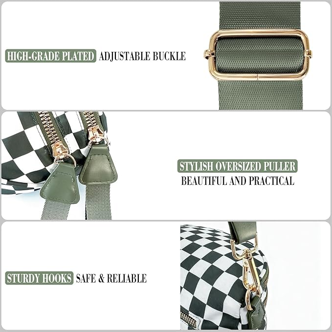 Checkered Crossbody Bag for Women, Spacious Sling & Stylish Bum Bag for Travel, Concerts, Festival, Nylon Fanny Pack Belt Bag (Colour Bum Bag-Beans Green Checkered)