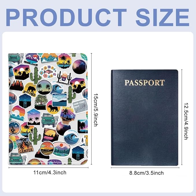 PU Leather Passport Holder Cover 5.9×4.3 Inch with Credit Card Slot and Boarding Pass Slot Combo Blocking Passport Holder Wallet Cover Case for Travel Boarding Essentials (Sticker)