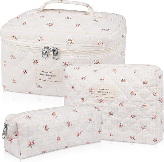 Makeup Bag Set, Quilted Makeup Bag, Large Floral Cosmetic Bag for Women, Cute Cotton Makeup Bags, Flower Travel Toiletry Organizer Bag(Plaid Floer)