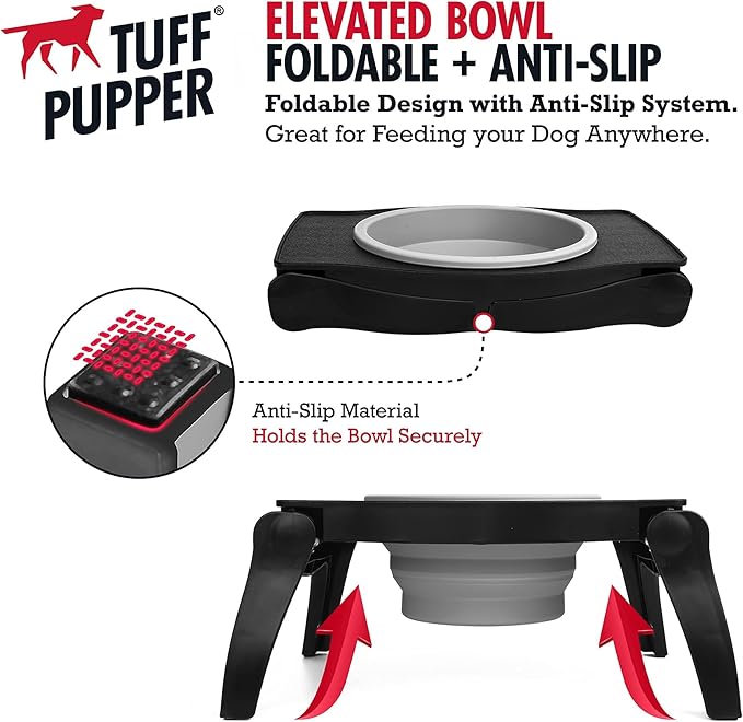 Tuff Pupper Elevated Dog Bowl - Single Raised Collapsible Travel Bowl Holds 80oz/12cups Food/Water