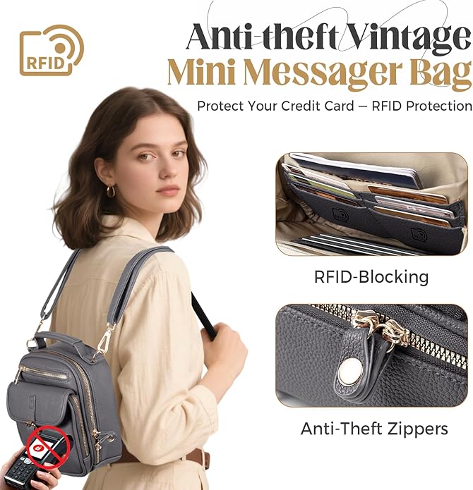 Vegan Leather Crossbody Bag for Women with 2 Straps, Small Messenger Bag with Anti Theft Zipper Pocket Vintage Shoulder Bag