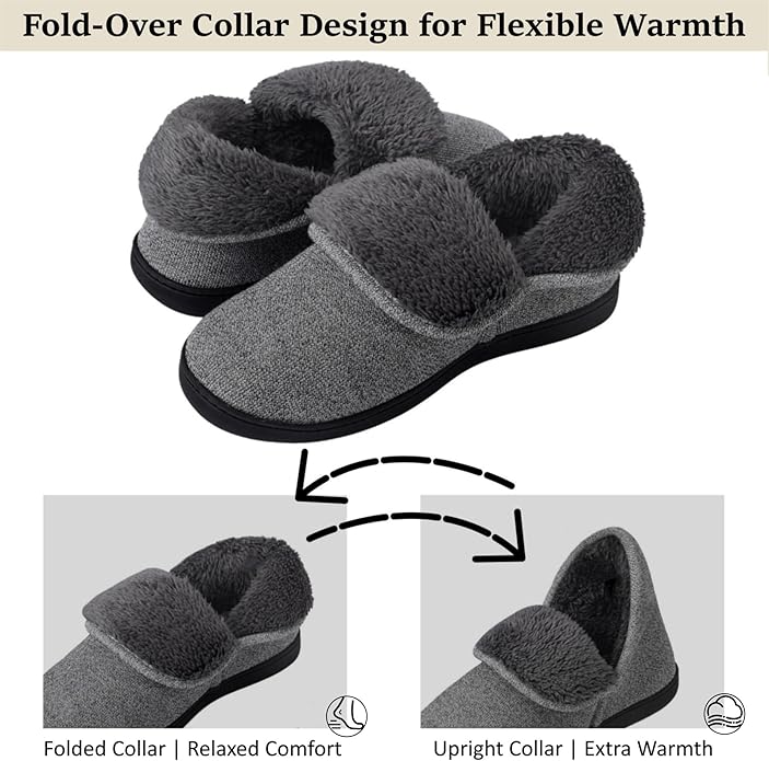 Men’s Knit Bootie Slippers Warm Fold-Over Ankle Collar Plush Fleece Lined Memory Foam House Shoes Cozy Winter Non-Slip Indoor Outdoor Slippers for Men