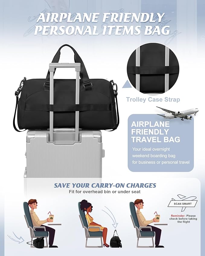 Gym Bag for Women with Shoe Compartment Lightweight Travel Duffle Bags Carry on Bag Overnight Weekender Duffel Bag with Wet Pocket Personal Item Travel Bag Tote Bag Workout Dance Bag Black