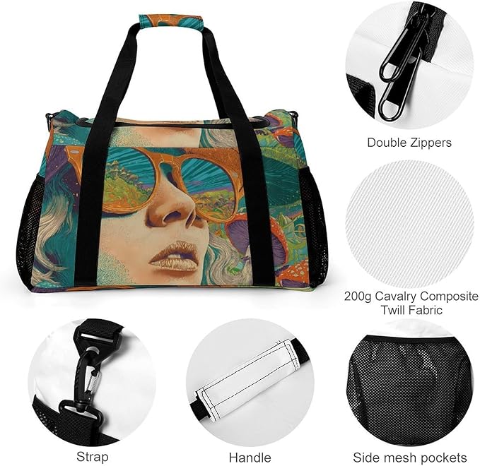 Psychedelic Holiday Mushroom Duffle Bag Gym Bag for Workout Travel Tote with Detachable Straps
