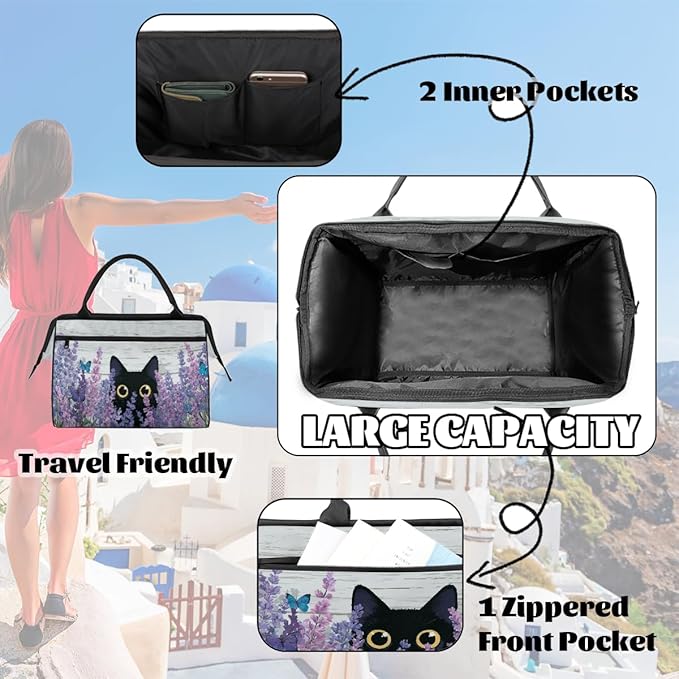 Travel Duffel Bag, Cute Black Cat Butterfly Waterproof Sports Gym Duffle Bag, Large Capacity Weekender Carry On Overnight Bags for Women Men